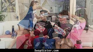 so these slutty stepsisters end up banging each other's stepbrothers in a wild foursome swap