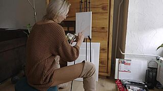 Painting a pussy flower with pretty blonde pornstar in boots and glasses