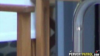 Amateur couple gets caught fucking passionately through the window in a hidden outdoor spying session.