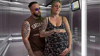 Neighbor gives deep blowjob in elevator with cum