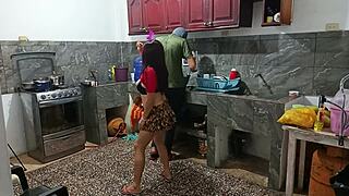 Perverted neighbor roleplays kinky fetish with curvy amateur, shaking her big ass in uniform while he's watching