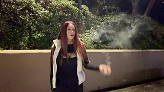 Curvy Italian milf with big tits enjoys a late night smoke session solo