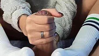 Dirty Roommate Teases Dick With Special Socks In Footjob Handjob Session