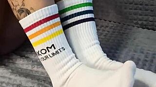 Dirty Roommate Teases Dick With Special Socks In Footjob Handjob Session