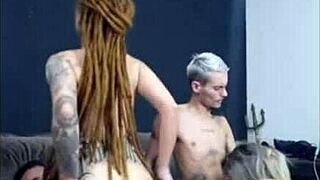 The dreadlocked redhead rode my friend wildly while his girl gave me an amazing blowjob in our hot 4some