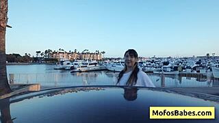 Hey, sexy Asian teen 18+ reveals big boobs outdoors to friend