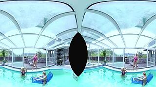 Foursome featuring big tits Czech blondes licking asses and pussies by the pool.