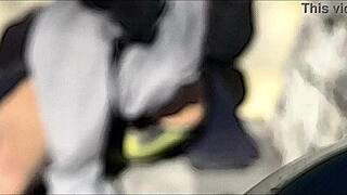 Blurry sketchy, why stretch and strip outside in underwear during mild winter snow?