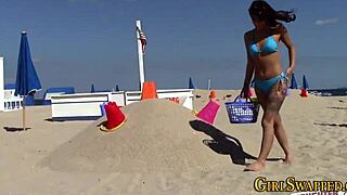 Blonde and Brunette Lesbians in Bikini Scissor with Fingering and Oral Action