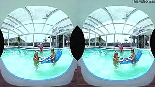 Foursome featuring big tits Czech blondes licking asses and pussies by the pool.