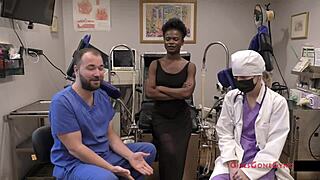 In the clinic, nurse Rina Arem examines the patient with gloves during a virgin checkup, leading to intimate backstage moments with toys and spreading.
