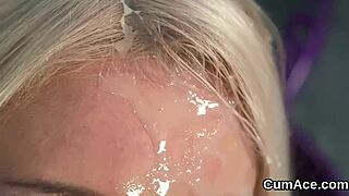 hey, why does this frisky hottie get a jizz shot on her face and then eat up all the cum swapping action?