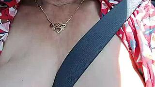 Amateur housewife flashing tits while riding outdoors