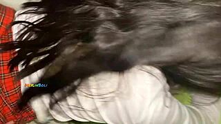 Beautiful college student in red skirt interviewed by former partner at party