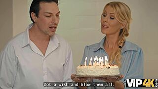 It's her birthday and this blonde beauty decides it's time to lose her virginity in the kitchen.