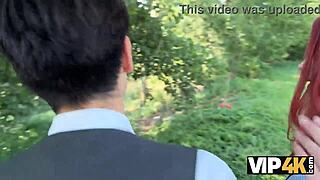 Redhead babe in lingerie flashes shaved pussy and fucks stranger on street while boyfriend watches.