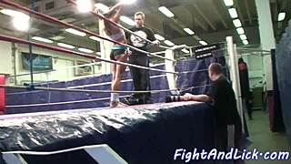 european muscular lesbians dominate in catfight wrestling match inside boxing ring