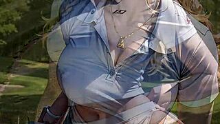 Ai generated blonde flashes shaved pussy on golf field!