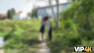 Redhead babe in lingerie flashes shaved pussy and fucks stranger on street while boyfriend watches.