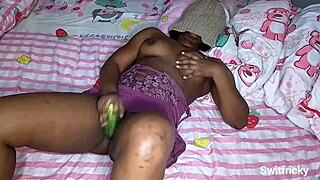 This curvy ebony babe got so horny she grabbed a cucumber and fucked her fat pussy solo.
