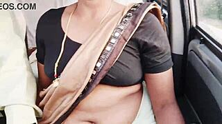 Beautiful brunette call girl engages in dirty talk during intense car sex session