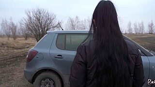 Stunning Brunette in Leather Leggings Masturbates to Orgasm Alone in Car