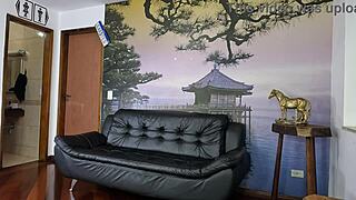 Pregnant Brazilian beauty with juicy natural tits poses oiled-up in lingerie for a steamy photoshoot behind the scenes.