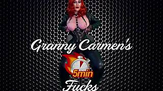 granny carmen dresses as lady in red and enjoys solo play with little black dildo