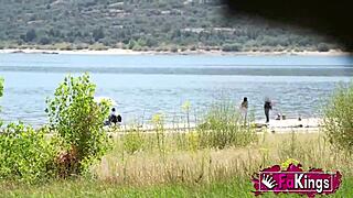 I love how cougar Natali Quinn spots her target by the lake and goes for that wild public fuck with deepthroat and riding.