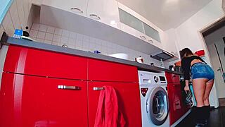 Oh man, this steamy short jeans hot pants tease with curvy ass in thong is fire