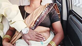 Beautiful brunette call girl engages in dirty talk during intense car sex session