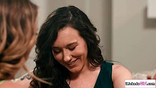 Lesbian milf fingers and licks petite redhead neighbor's shaved pussy in intense tribbing session. They scissor passionately until orgasm hits.