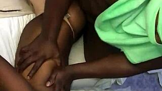 Black amateur maid with shaved pussy fucks landlord's monster cock in homemade video for support