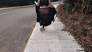 Hey, check out Priscila strolling the streets in see-through clothes, totally bare underneath and flashing everything