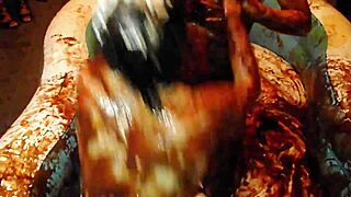 Whoa, check out King Cures dominating in chocolate wrestling by the pool! 💪🍫