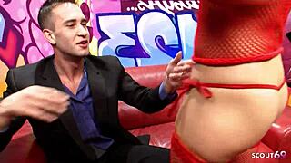 sexy blonde teen in fishnet top seduces stranger