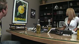 Blonde milf secretary Mellanie Monroe flashes big boobs to attract men at work