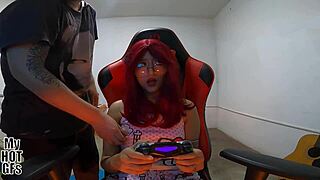 This cute curvy Latina teen babysitter begs for her tight pussy to be played with and filled with cum while gaming.