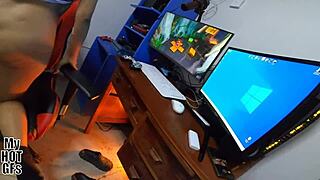 This cute curvy Latina teen babysitter begs for her tight pussy to be played with and filled with cum while gaming.