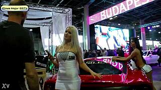 Blonde russian girl flashes panties in upskirt view while wearing skirt for teasing fun