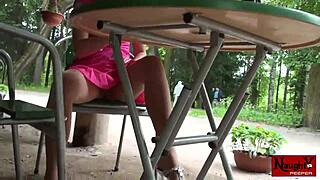 hot babe lets you peek upskirt at her sexy nylons and panties in teasing voyeur fun