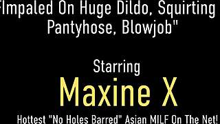 Squirting wildly in pantyhose, horny Asian Maxine X rams huge dildo deep while sucking and fucking cock to explosive cumshot.
