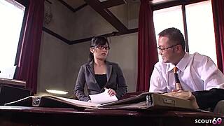 japanese teen secretary with glasses sucks old guy's fat cock in office