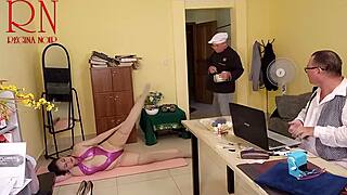 Is yoga in the office getting too steamy with Regina Noir's wet pussy and tight panties?