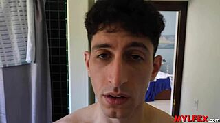 sweet housewife softens naughty blonde milf's morning desires with deepthroat blowjob on the sofa in fantasy scene.