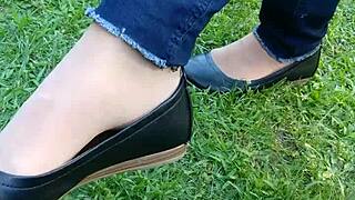 I adore shoeplay and dipping in these tan nylons and flats, feeling every sensual moment