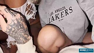 Scarlet Taylor and busty ebony Juliana share dicks in 4some with handjob cowgirl riding and blowjob action