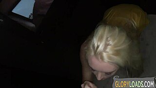 Hot blonde babe at gloryhole sucks and strokes cock for cumshot in reality scene.