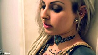 Blonde princess tied up tightly for intense barefoot foot worship with deep licking and choking.