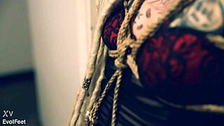 Blonde princess tied up tightly for intense barefoot foot worship with deep licking and choking.